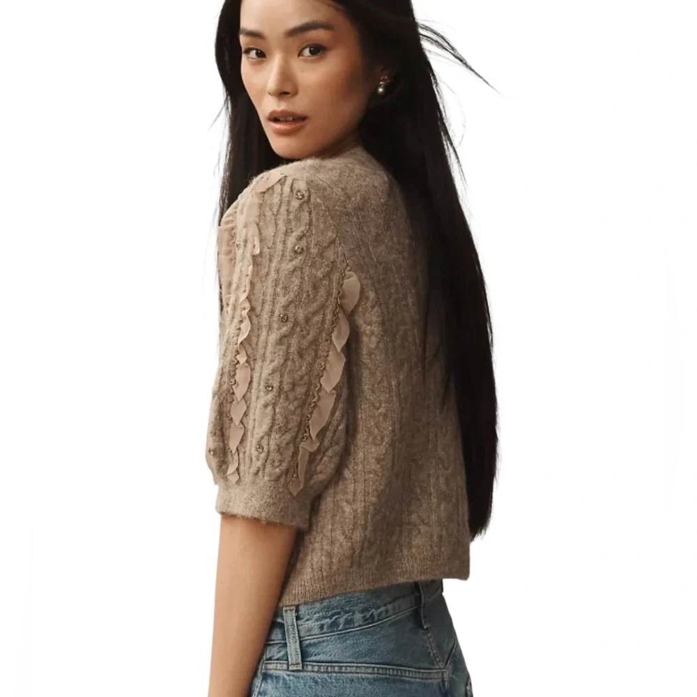 Maeve Short-Sleeve Embellished Ruffled
Cardigan Sweater in Taupe Sz M & L & XL - Picture 2 of 8